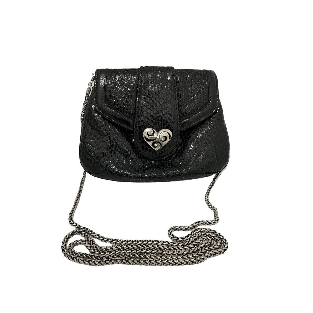 Brighton Women’s Handbag Crossbody Snake Print Chain Strap Heart Purse Black